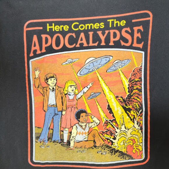 STEVEN RHODES Graphic Tee Here Comes The Apocalypse Dark Humor 70s 80s Vibes L - Picture 3 of 9